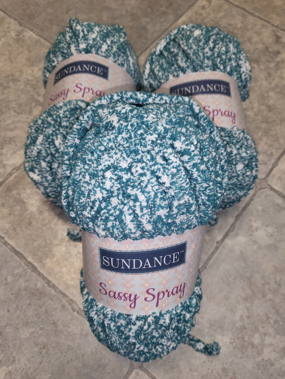 3 Skeins- Sundance Sassy Spray Plush Yarn Bundle in Teal & White - Coastal Crush